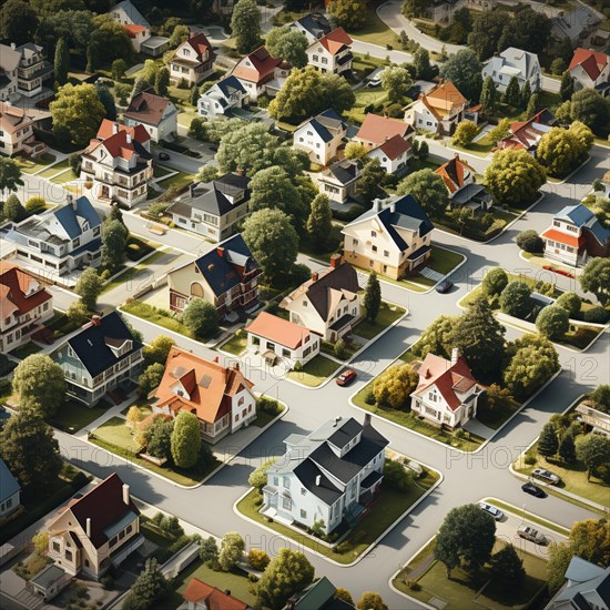 Aerial view of small settlement with terraced houses