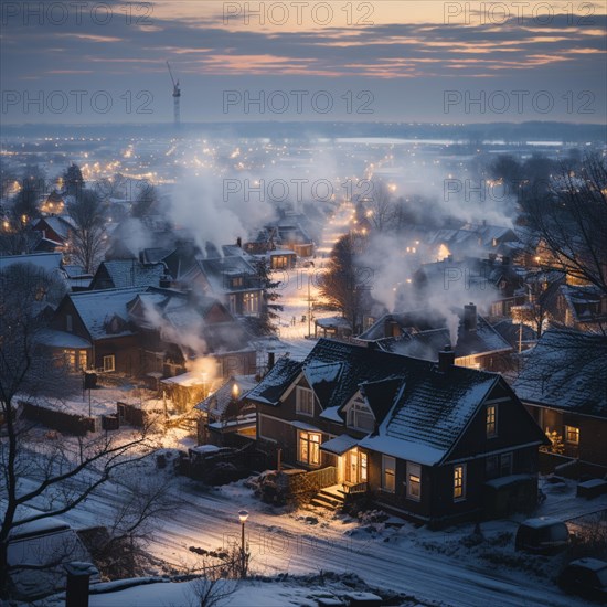 Aerial view of small settlement in winter with smoking chimneys