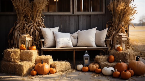 Fall and autumn beautifully decorated barn sitting area with pumpkins