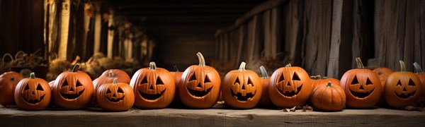 Spooky and fun collection of dozens of halloween carved pumpkins outside on hallows eve