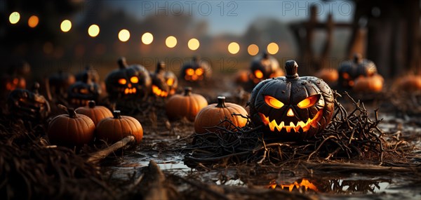 Spooky and fun collection of dozens of halloween carved pumpkins outside on hallows eve