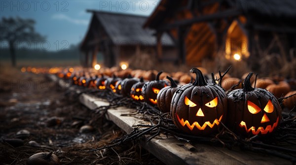 Spooky and fun collection of dozens of halloween carved pumpkins outside on hallows eve