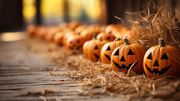 Dozens of orange fall and halloween pumpkins and hay decorating the country barn scene