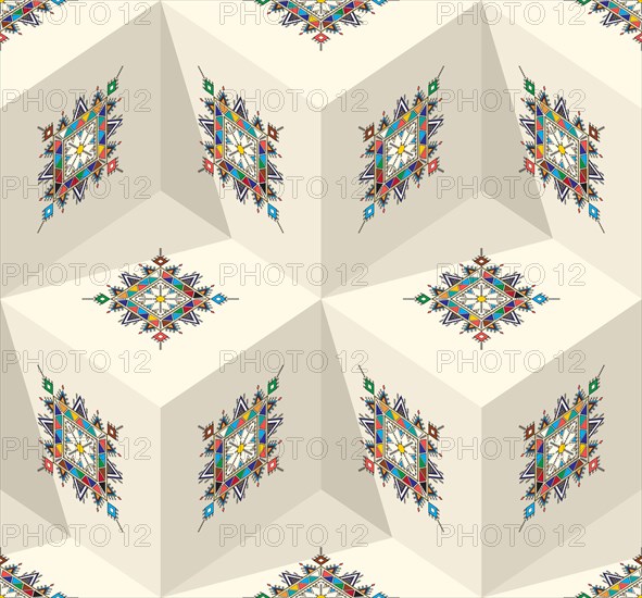 Decorative geometric repeating pattern inspired by Al-Qatt Al-Asiri traditional paintings