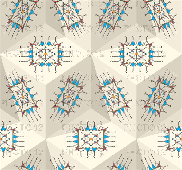 Decorative geometric repeating pattern inspired by Al-Qatt Al-Asiri traditional paintings