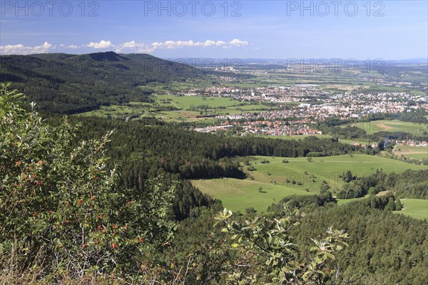 View from the 922-metre-high rocky outcrop Boellat above the valley of the Boellat on the Swabian Alb