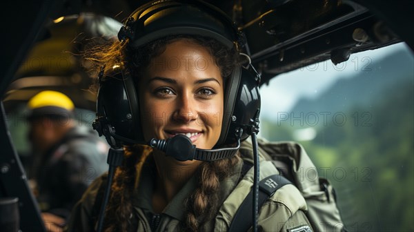 Female military helicopter pilot in the cockpit