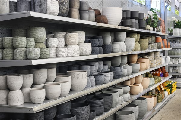 Shelves with flower pots in a garden centre