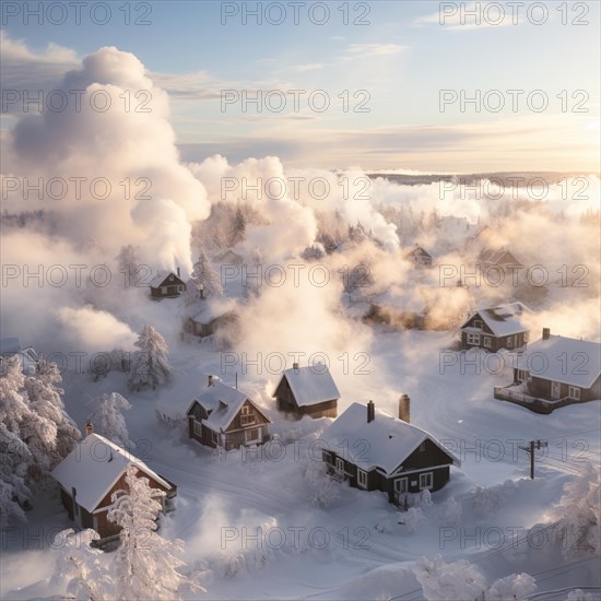 Aerial view of small settlement in winter with smoking chimneys