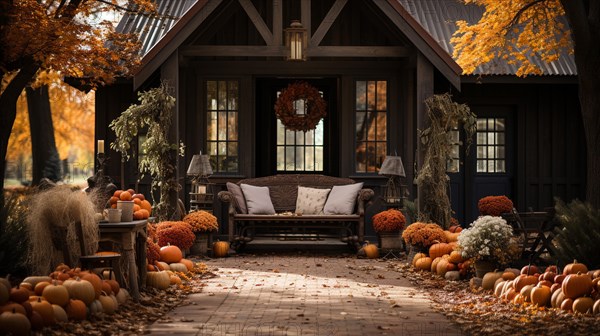 Fall and autumn beautifully decorated house porches with pumpkins