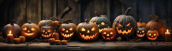 Spooky and fun collection of dozens of halloween carved pumpkins outside on hallows eve