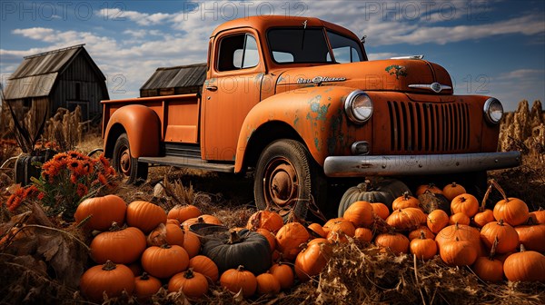 Pumpkins surround a vintage truck in a fall barn country setting