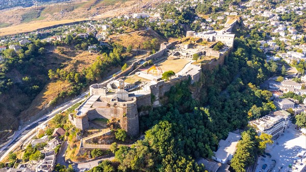 Aerial view of the old castle and fortress of Gjirokaster or Gjirokastra