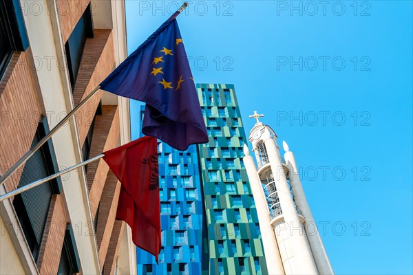 Mix of colored Towers next to the Orthodox Cathedral of the Resurrection of Christ near Skanderbeg Square in Tirana. Albania