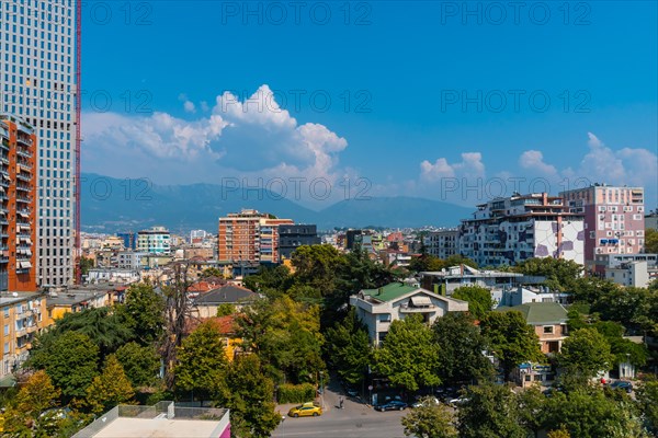 Very modern buildings seen from the Pyramid of Tirana near Skanderbeg Square in Tirana. Albania