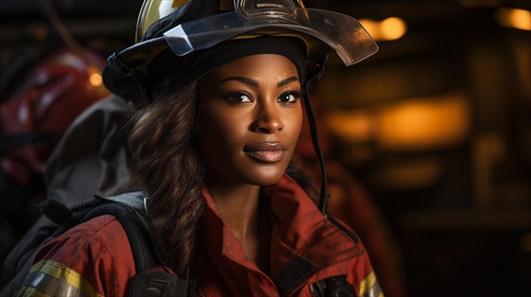 Female african american firefighter wearing protective helmet and gear at a fire incident