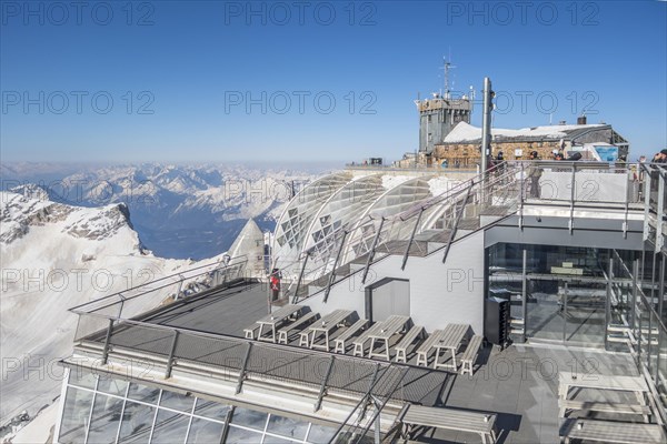 Zugspitzbahn mountain station and Muenchner Haus on the Zugspitz summit above Garmisch-Partenkirchen