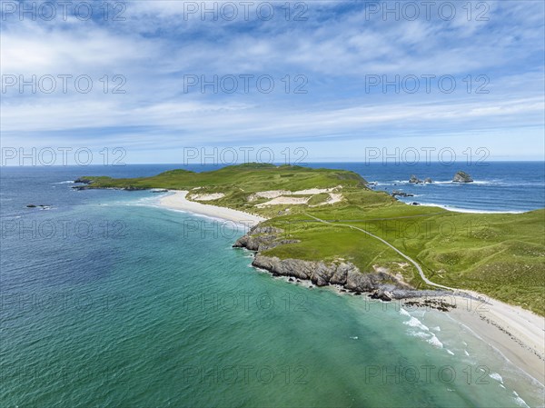 Aerial view of the dune landscape on the Faraid Head peninsula with sandy beach