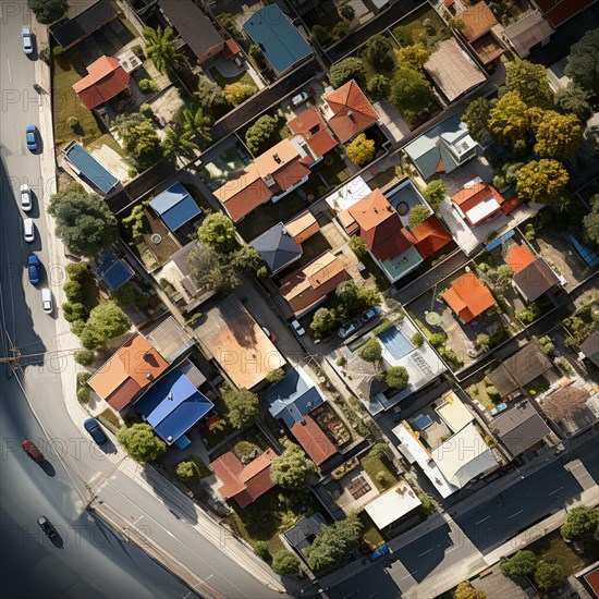 Aerial view of small settlement with terraced houses