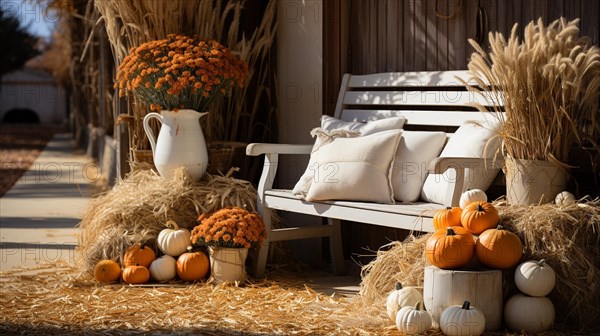 Fall and autumn beautifully decorated barn sitting area with pumpkins