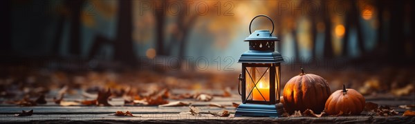 Warm and inviting lit vintage lantern resting on wood planks base outdoors in a fall setting