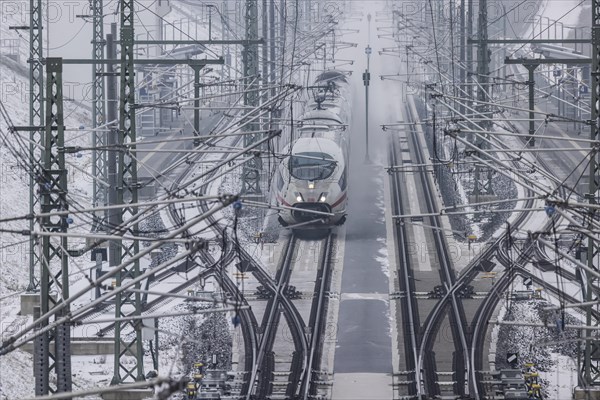 Deutsche Bahn AG ICE train passing through Merklingen station Swabian Alb