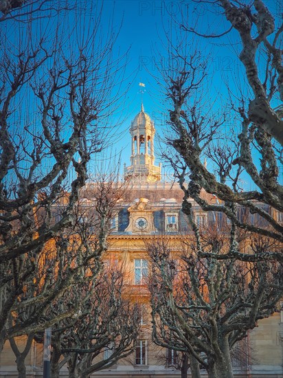 City Hall of Asnieres as seen through the sycamore trees alley outdoors in the park. Asnieres-sur-Seine mairie backyard facade view