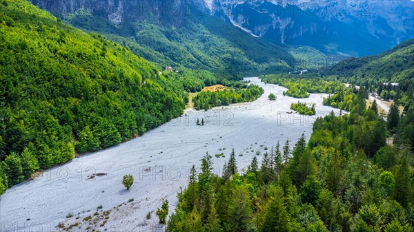 Panoramic aerial drone view of Valbona valley