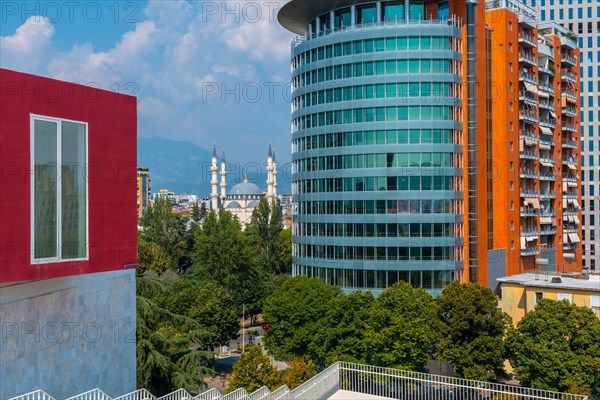 Very modern buildings seen from the Pyramid of Tirana near Skanderbeg Square in Tirana. Albania