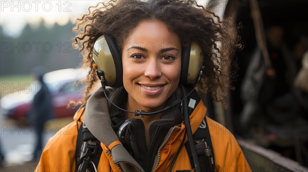 Female african american search and rescue helicopter pilot standing near her aircraft