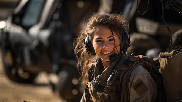 Female military helicopter pilot standing near her aircraft