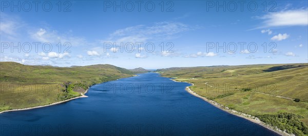 Aerial panorama of Loch Hope in the Northern Highlands