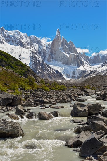 The Rio Fitz Roy with the summit of Cerro Torre and its glaciers