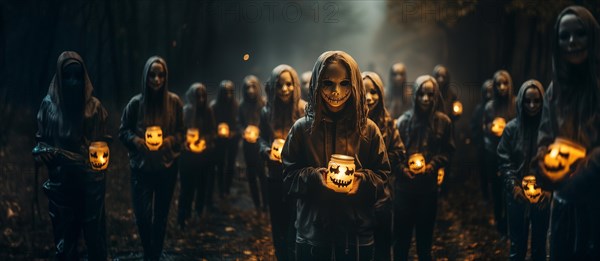 Gathering of young scary children wearing masks