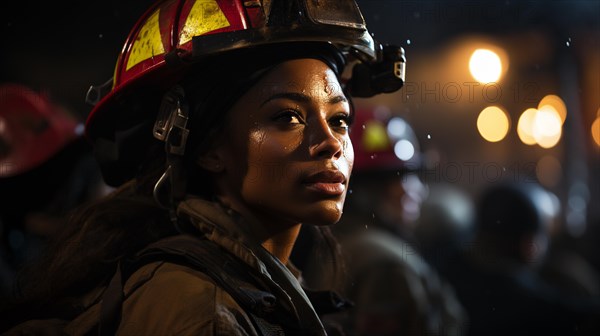 Female african american firefighter wearing protective helmet and gear at a fire incident