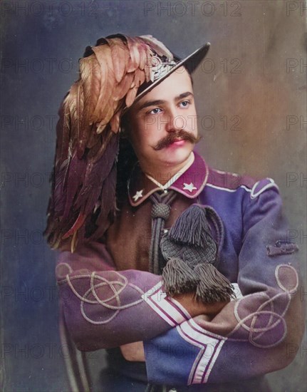 An Italian veteran in a fancy uniform with feathers in a photo studio