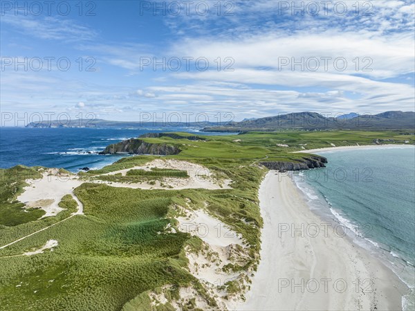 Aerial view of Faraid Head Peninsula and Balnakeil Beach with dunes and sandy beach