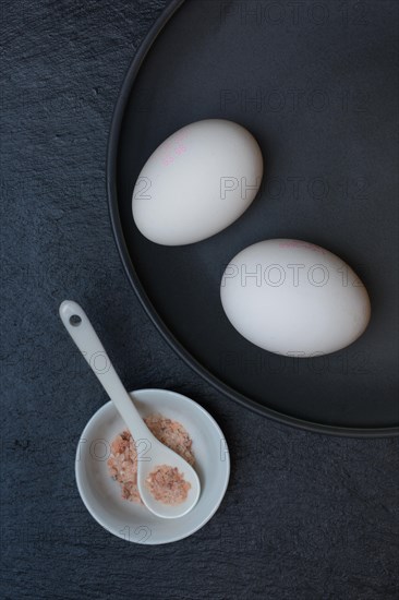 Two eggs and shell with natural salt