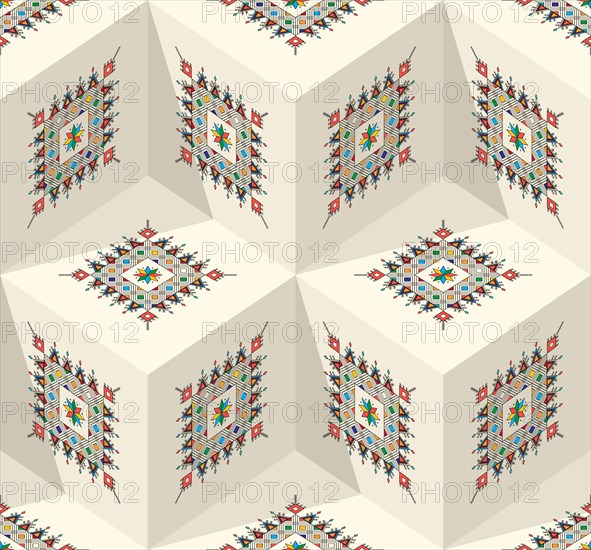 Decorative geometric repeating pattern inspired by Al-Qatt Al-Asiri traditional paintings