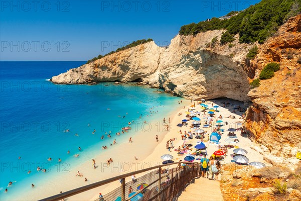 Stairs leading to Porto Katsiki beach on Lefkada island in summer