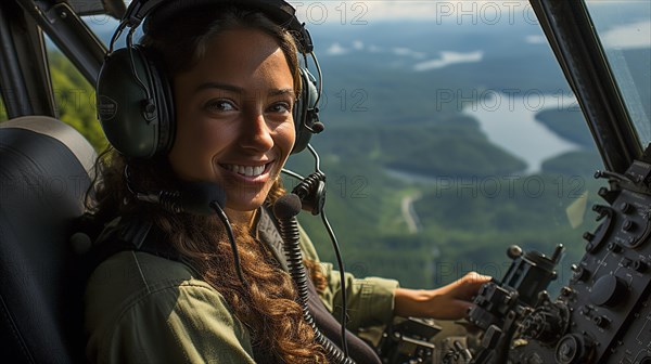 Female military helicopter pilot in the cockpit
