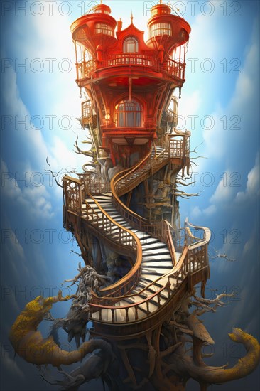 Surreal spiral staircase leading to a fairy house
