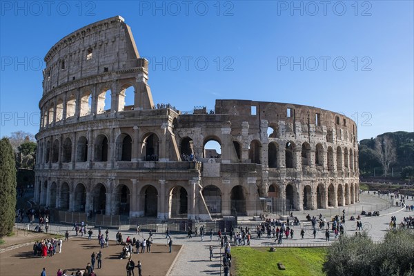 View from slightly elevated position on historic arena Colosseum in ancient centre of Rome