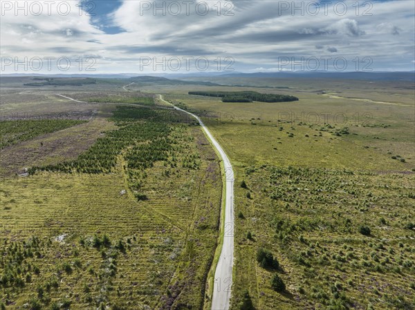 Aerial view of the A836 single track road between Lairg and Altnaharra