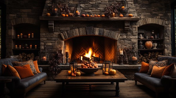 Fall and halloween decorated cozy fireplace interior setting