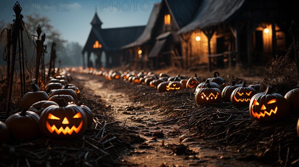 Spooky and fun collection of dozens of halloween carved pumpkins outside on hallows eve