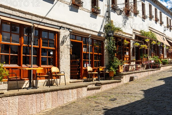 Restaurant area in the city of Gjirokaster or Gjirokastra. Albanian