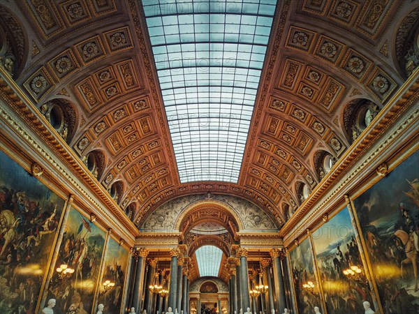 Beautiful architectural details of the Gallery of Great Battles in the palace of Versailles