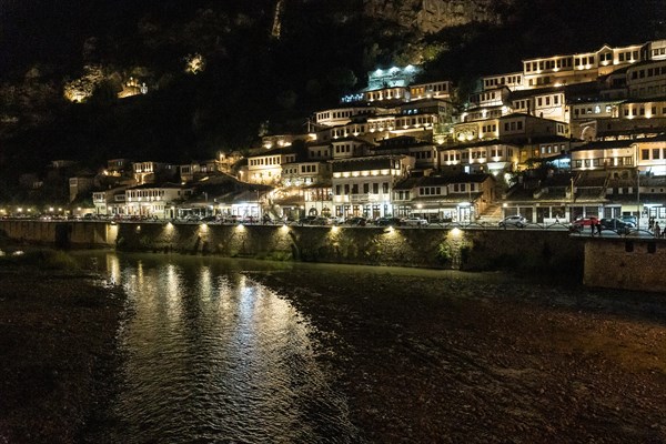 Beautiful river in the illuminated historic city of Berat in Albania