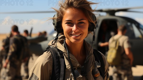 Female military helicopter pilot standing near her aircraft